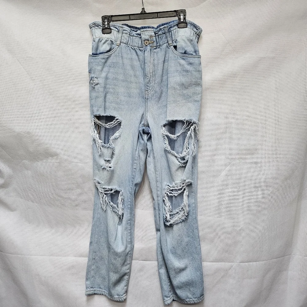 Kancan Severely Distressed Paper Bag Waist Light Wash Blue Denim Jeans Size 15